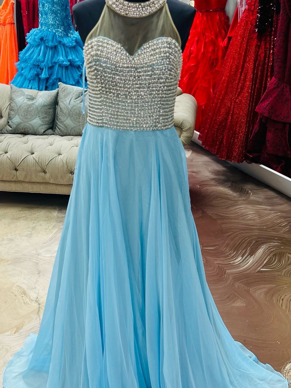 Elegant Light Blue Beaded Halter Prom Dress